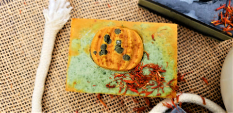 PUMPKIN HARVEST BAR SOAP WITH SPIRULINA & ORGANIC TURMERIC. INFUSED WITH LAVENDER & PATCHOULI ESSENTIAL OILS.