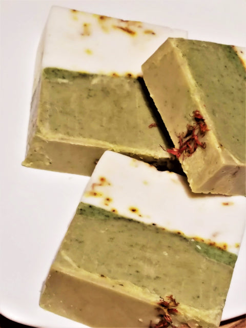 Zen Flower Bar Soap made with PINK HIMALAYAN SEA SALT, SPIRULINA, BEET POWDER infused with FRANKINCENSE, LAVENDER & CEDARWOOD ESSENTIAL OILS and topped with Safflower Petals