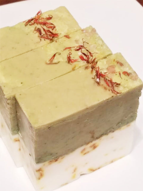 Zen Flower Bar Soap made with PINK HIMALAYAN SEA SALT, SPIRULINA, BEET POWDER infused with FRANKINCENSE, LAVENDER & CEDARWOOD ESSENTIAL OILS and topped with Safflower Petals