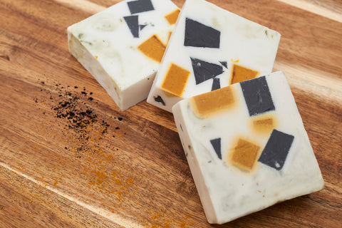 Floral Mint Bar Soap - shea butter and goat milk base. Infused withactivated charcoal and turmeric cubes